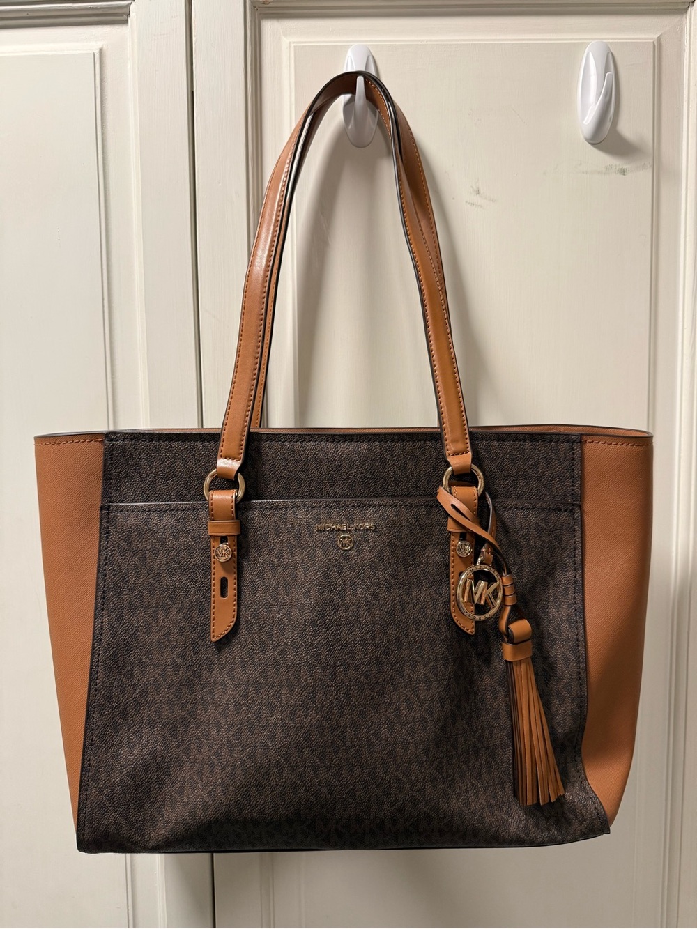 Michael Kors Large Brown Signature Tote Bag with Luggage Trim & Tassel Charm